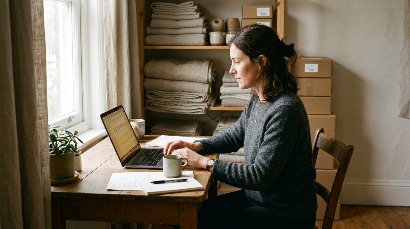 A woman working at a wooden desk beside a window, reading a product page on her laptop, with folded linen blankets and shipping boxes on the shelves behind her
