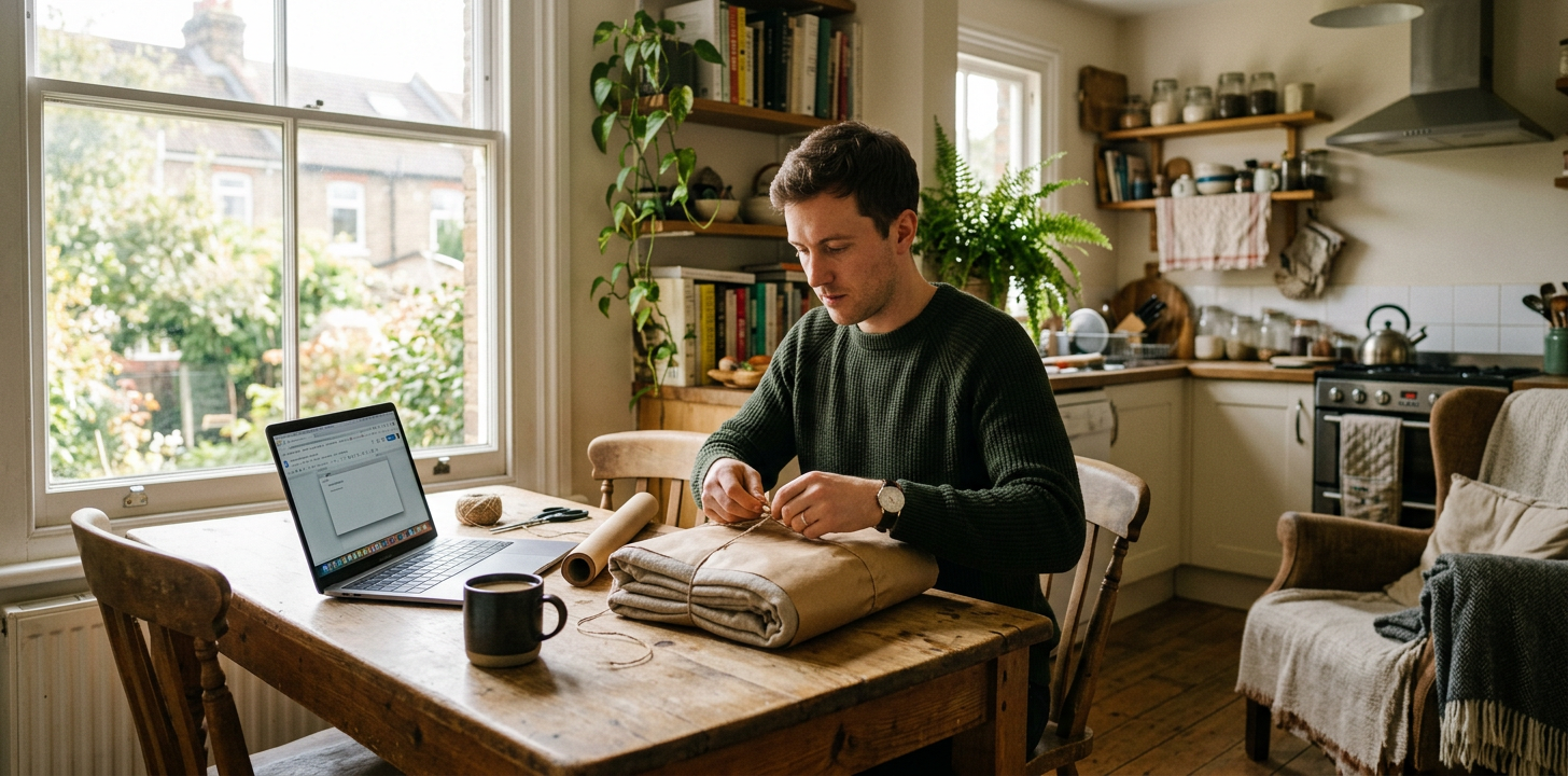 A man at a kitchen table with a laptop open, tying twine around a folded linen blanket wrapped in kraft paper