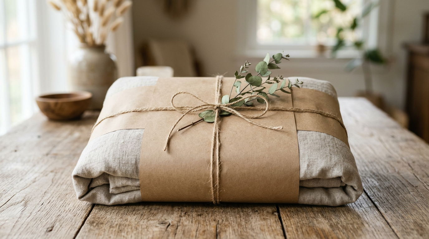 A folded linen blanket wrapped in kraft paper and tied with twine on a wooden table