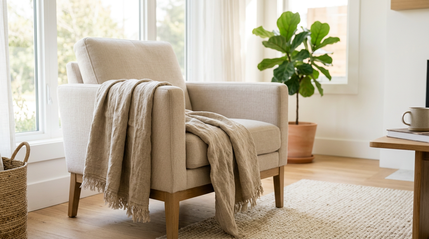 An oatmeal linen throw draped over the arm of a pale armchair in a bright room