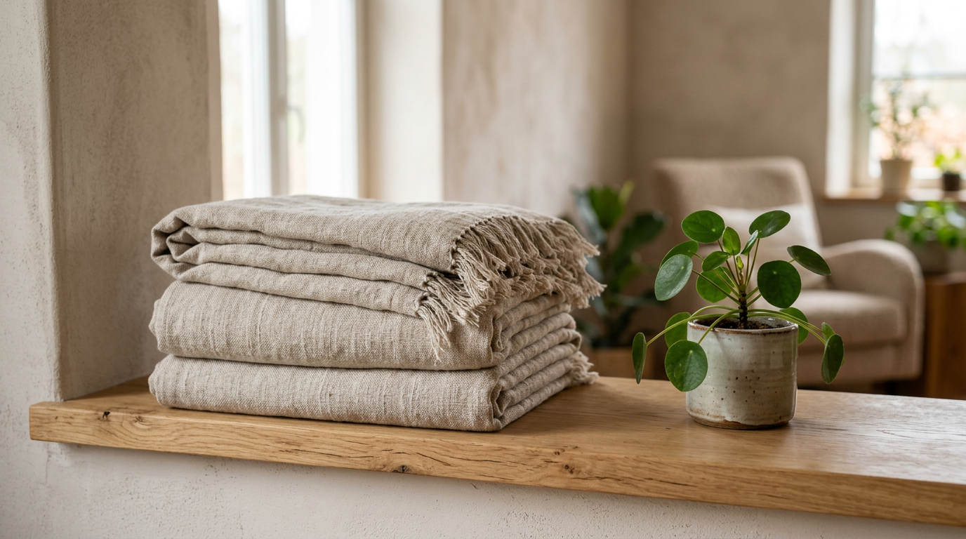 A stack of folded oatmeal linen throws on a wooden shelf beside a small plant