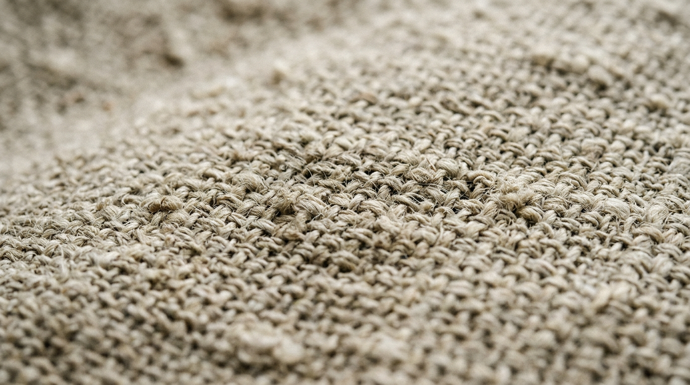 Close view of the woven texture of an oatmeal linen blanket
